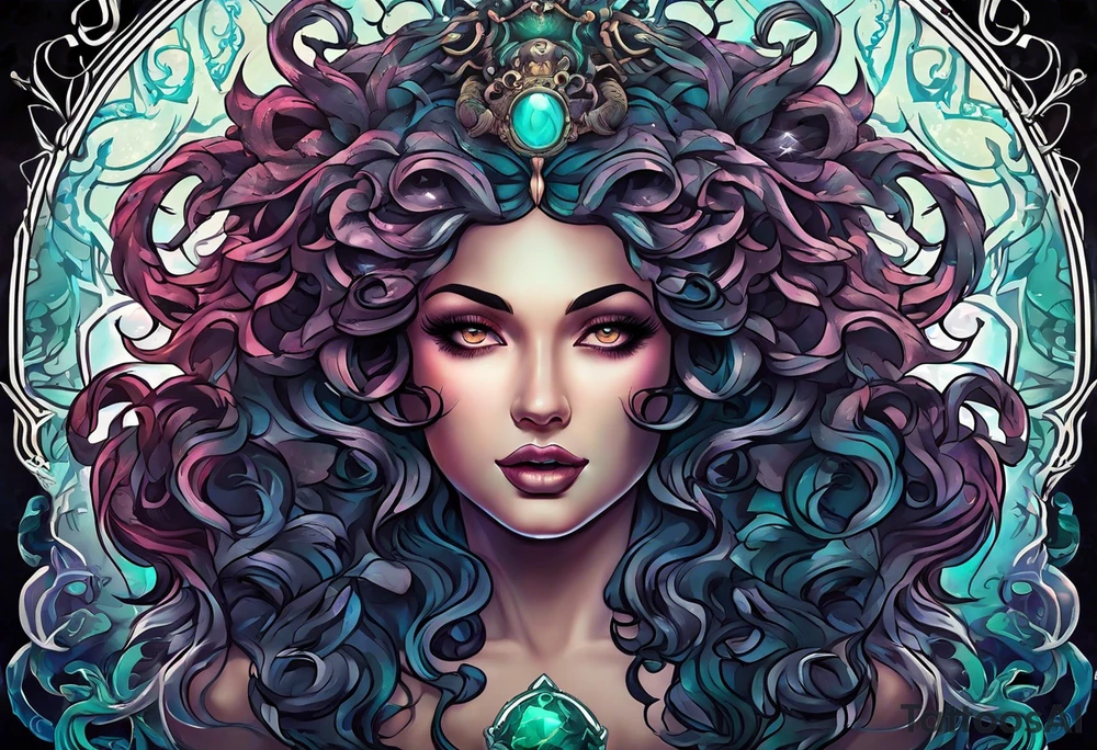 Medusa head with a mysterious expression, capturing both her allure and danger. Blend dream-like qualities with the striking figure of Medusa. tattoo idea