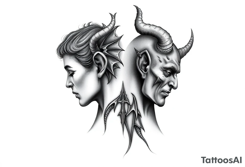 position behind the neck Angel (on the right) whispering in the right ear, demon (on the left) whispering in the left ear. It must be as realistic as possible. tattoo idea