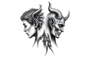 position behind the neck Angel (on the right) whispering in the right ear, demon (on the left) whispering in the left ear. It must be as realistic as possible. tattoo idea