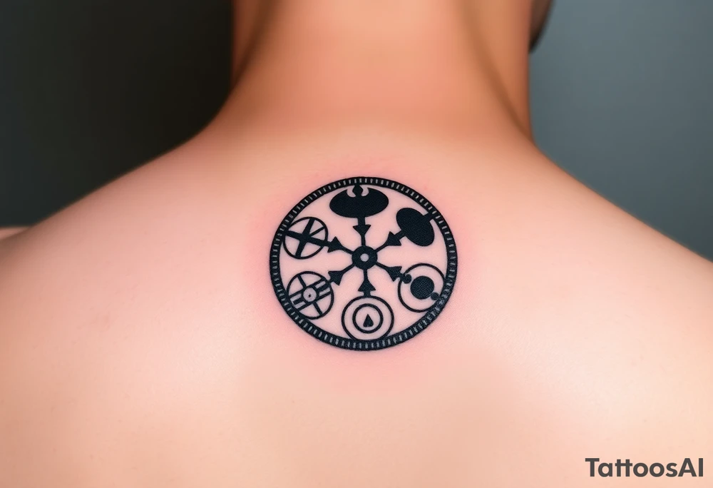 A fusion of all five faction symbols, seamlessly blended into a circular design, representing sci fi movie Divergent tattoo idea