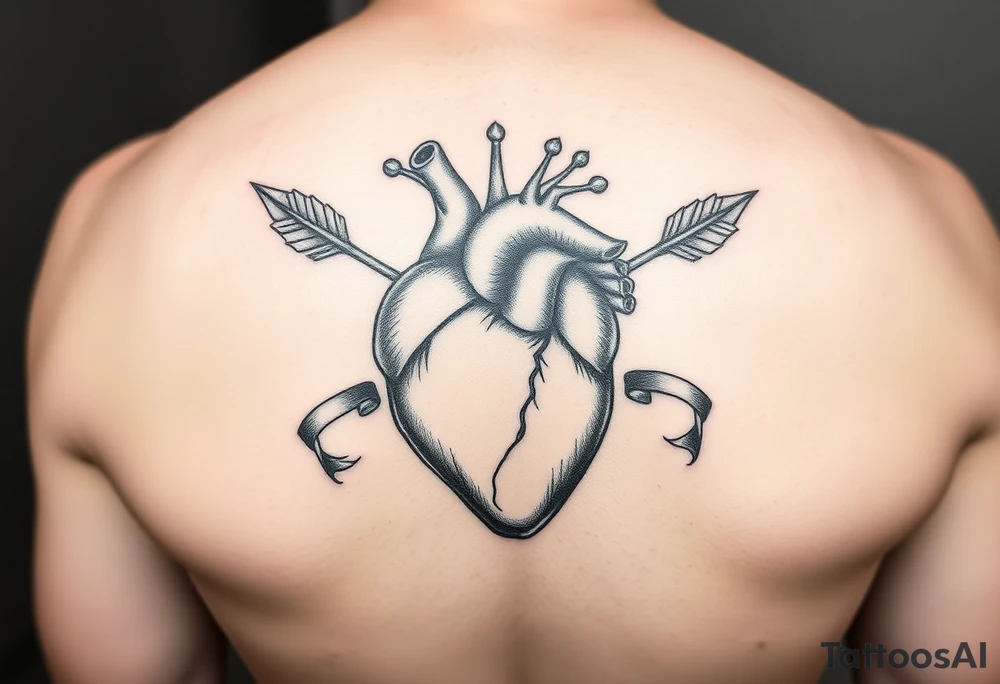 anatomical heart pierced by ornate arrow with flowing ribbons tattoo idea