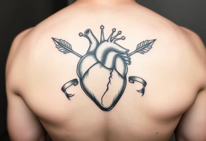 anatomical heart pierced by ornate arrow with flowing ribbons tattoo idea