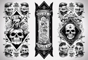 men’s arm sleeve, the name Peters, jack of all trades, without skull tattoo idea