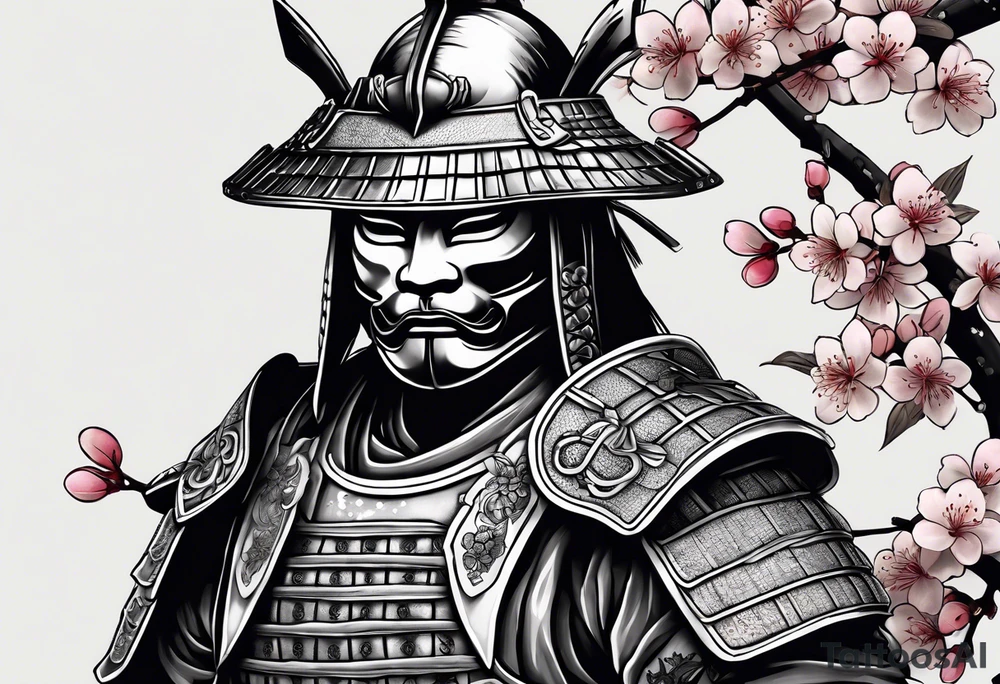 Create a black and white image that incorporates the following: A samurai helmet with a traditional samurai face mask and body armor turned slightly to the side, a decorated Japanese body armor below the mask with the samurai’a hand in his sheathed sword and cherry blossoms scattered tattoo idea