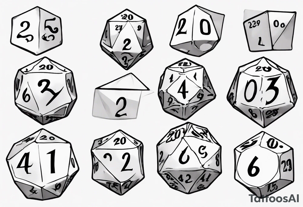 A large singular 20-sided dice with a 20 on top and numbers in the dice tattoo idea