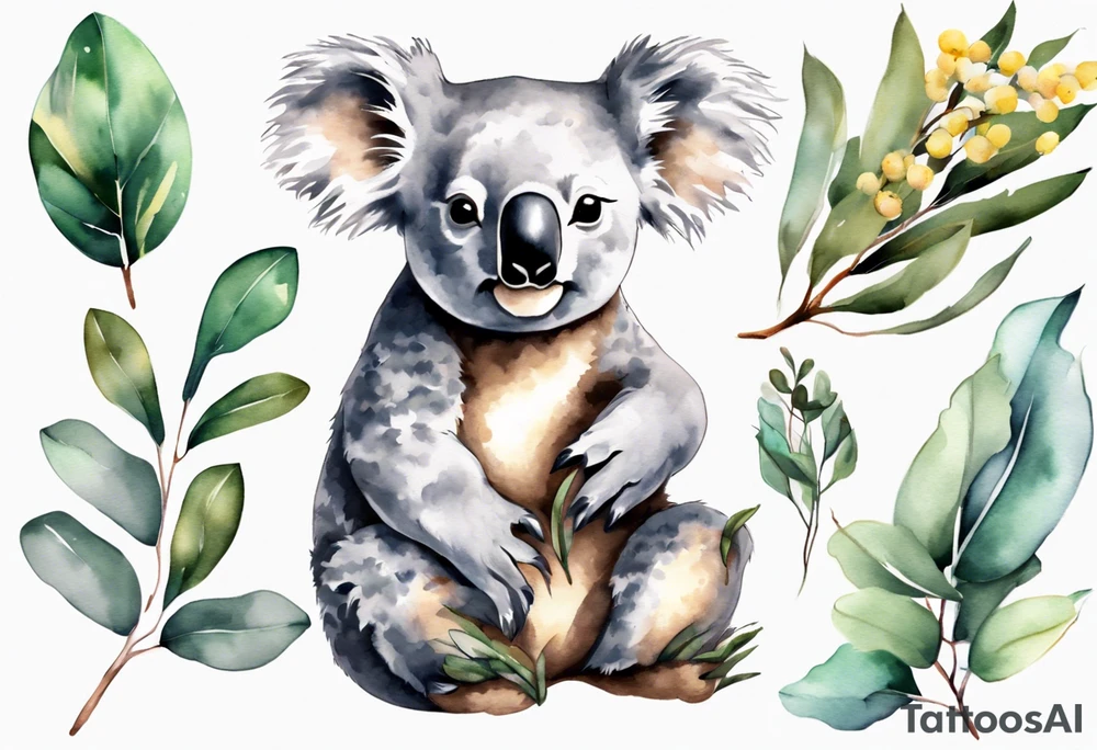 A koala with eucalyptus leaves and wattle leaves tattoo idea
