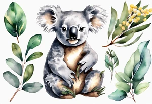 A koala with eucalyptus leaves and wattle leaves tattoo idea