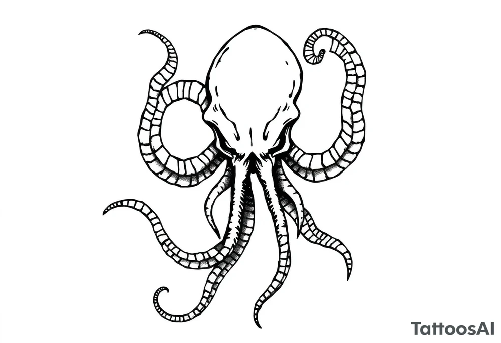 A minimalist blackwork tattoo design of an evil kraken The kraken is viewed from a 45-degree angle facing left, with its head centered. tattoo idea