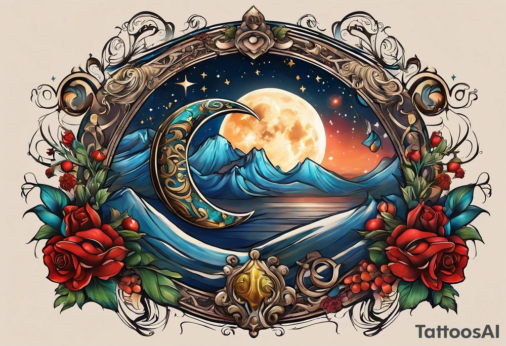 A tattoo design inspired by southern Italian folklore tales, incorporating mystical creatures and celestial objects such as moons and stars, reflecting the client's love for folklore and celestial objects. tattoo idea