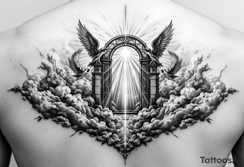 gates of heaven surrounded by angels clouds and rays of light tattoo idea