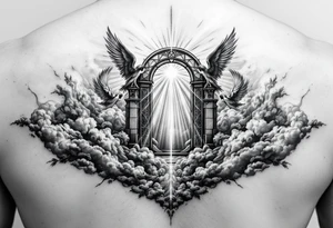 gates of heaven surrounded by angels clouds and rays of light tattoo idea