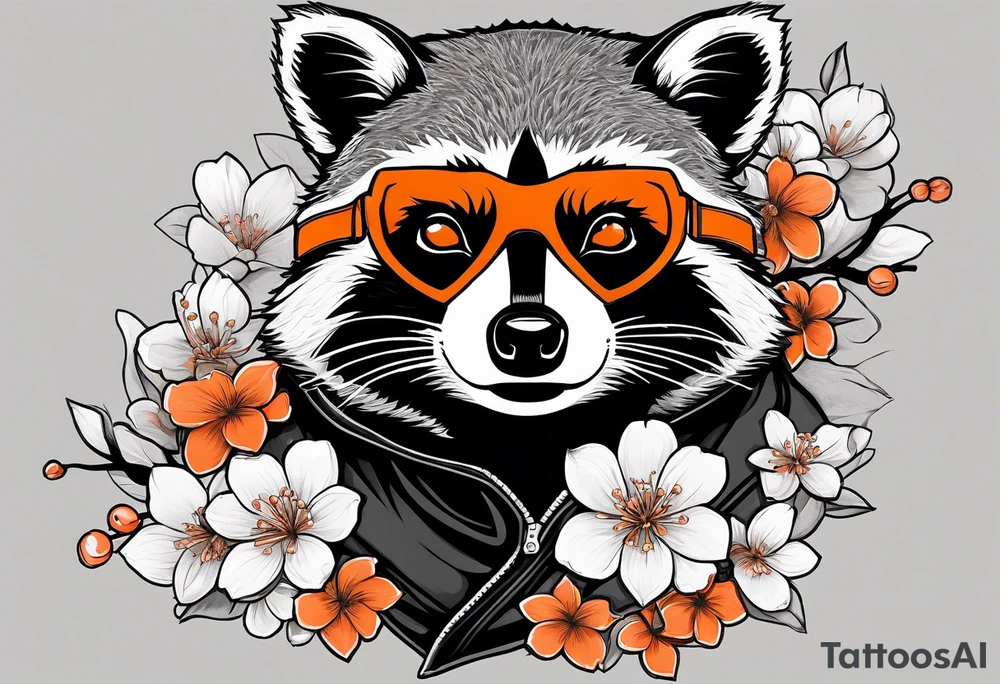 Raccoon wearing a white Superman logo on a black hoodie and orange Japanese cherry blossoms beside tattoo idea