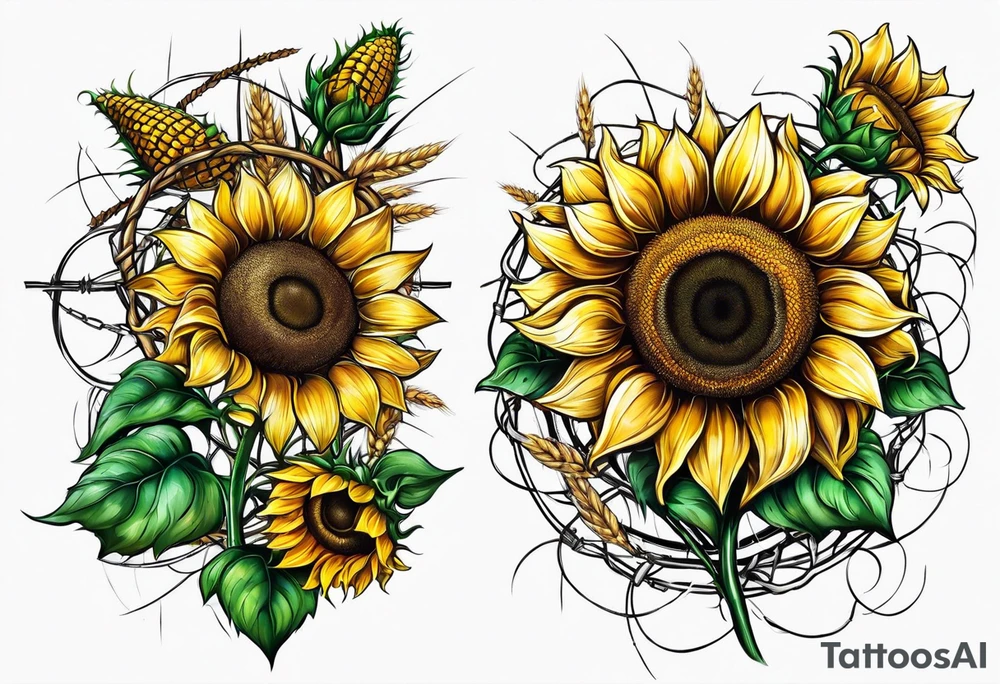 Sunflower, wheat, and barbed wire half sleeve tattoo idea