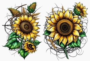 Sunflower, wheat, and barbed wire half sleeve tattoo idea