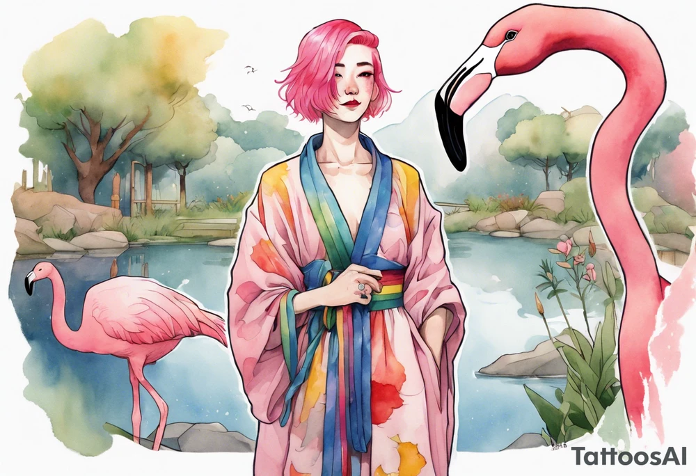 a smiling nonbinary person with pink hair wearing a rainbow medieval robe standing next to a single flamingo near a pond tattoo idea