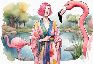 a smiling nonbinary person with pink hair wearing a rainbow medieval robe standing next to a single flamingo near a pond tattoo idea