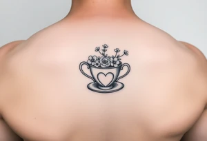 Dainty tea cup with small flowers and a small love heart on the tea bag tag tattoo idea