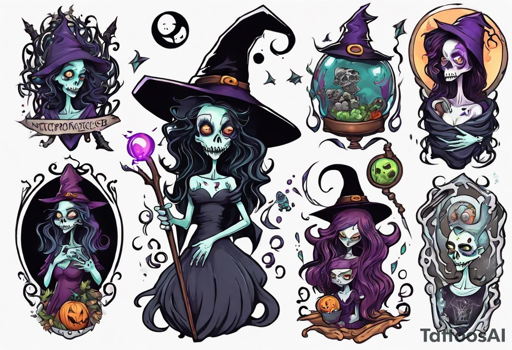 a Tim Burton-style witch necromancer tattoo idea