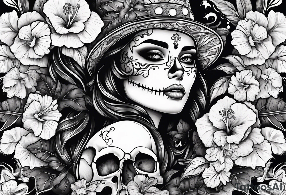 female skeleton with hibiscus flower tattoo idea