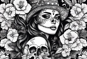 female skeleton with hibiscus flower tattoo idea