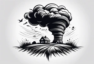 Tornado descending from the sky reaching to the grass ground at a point and throwing debris tattoo idea