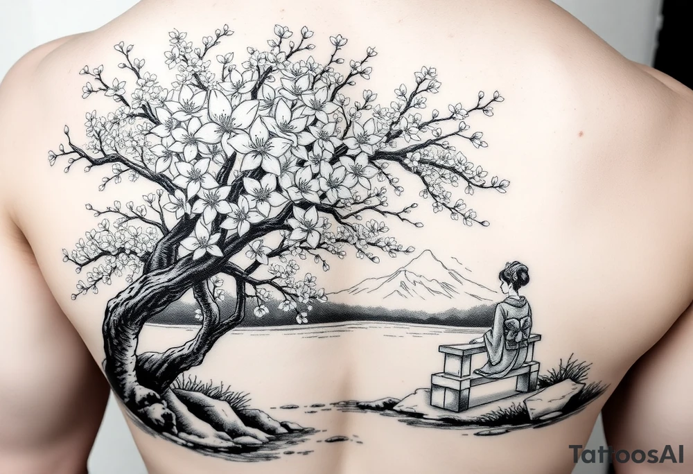 Large realistic cherry blossom tree in full bloom next to a river with mountains in the back ground and a geisha strolling next to a stone bench tattoo idea