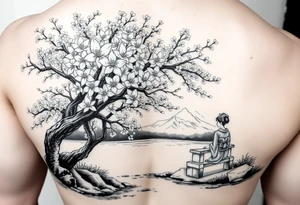 Large realistic cherry blossom tree in full bloom next to a river with mountains in the back ground and a geisha strolling next to a stone bench tattoo idea