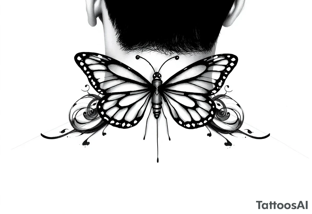 Half butterfly behind ear with swirls tattoo idea