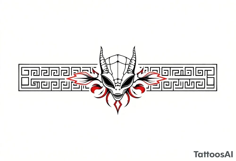 "Tattoo stencil, ultra-thin horizontal band (ratio 10:1), black and red line art. Fusion of:  
- Greek meander pattern,  
- Neo-tribal sharp angles,  
- Chinese dragon scales (black) and phoenix feathers (red),  
- Alien head (stylized as ancient Greek artifact with tribal dots and sharp angles).  

Hidden details: small Bagua trigrams in corners. Alien head integrated into the meander as a hidden symbol (subtle, not dominant). Seamless repeating pattern, NO background, perfect for forearm wrap-around.  

Style: intricate line art, inspired by ancient Greek pottery, dotwork tattoos, and neo-tribal geometry. All elements must harmonize — alien looks like part of the cultural fusion." tattoo idea