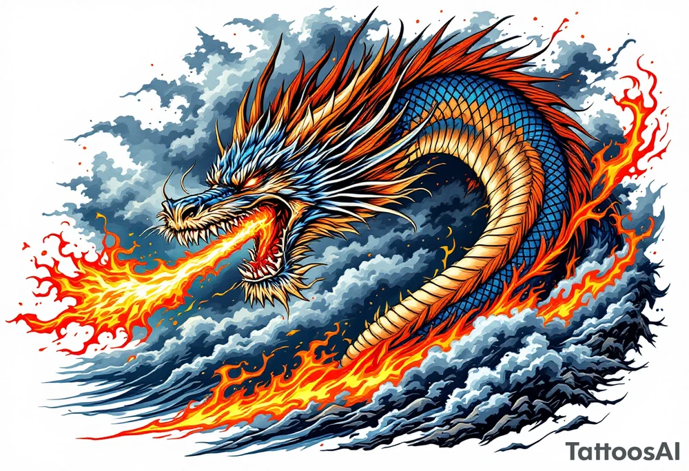 fierce dragon breathing iridescent fire against stormy skies tattoo idea