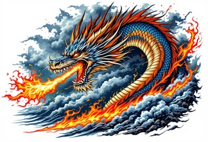 fierce dragon breathing iridescent fire against stormy skies tattoo idea