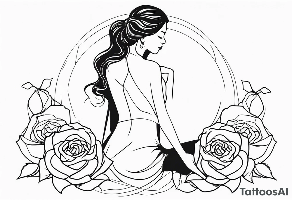 Bloomed rose with female body, kneeling tattoo idea