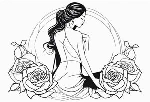 Bloomed rose with female body, kneeling tattoo idea