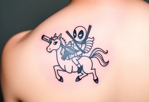 Deadpool riding unicorn holding RPG tattoo idea