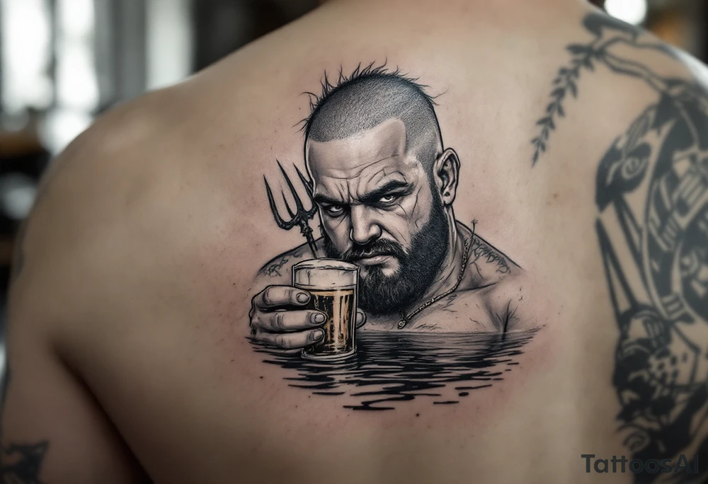 Gay fat guy, shaved face, with trident, half way in calm water, with a beer tattoo idea