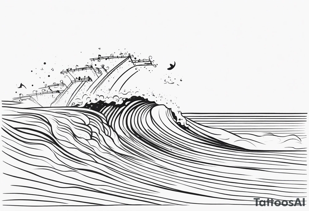 Black and white Line work tattoo depicting a father surfing with his daughters, incorporating musical notes. tattoo idea