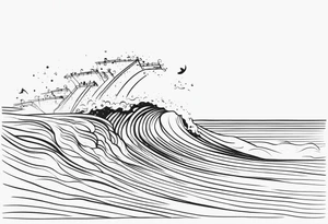 Black and white Line work tattoo depicting a father surfing with his daughters, incorporating musical notes. tattoo idea