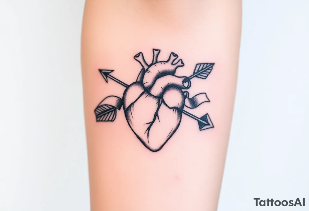 anatomical heart pierced by ornate arrow with flowing ribbons tattoo idea