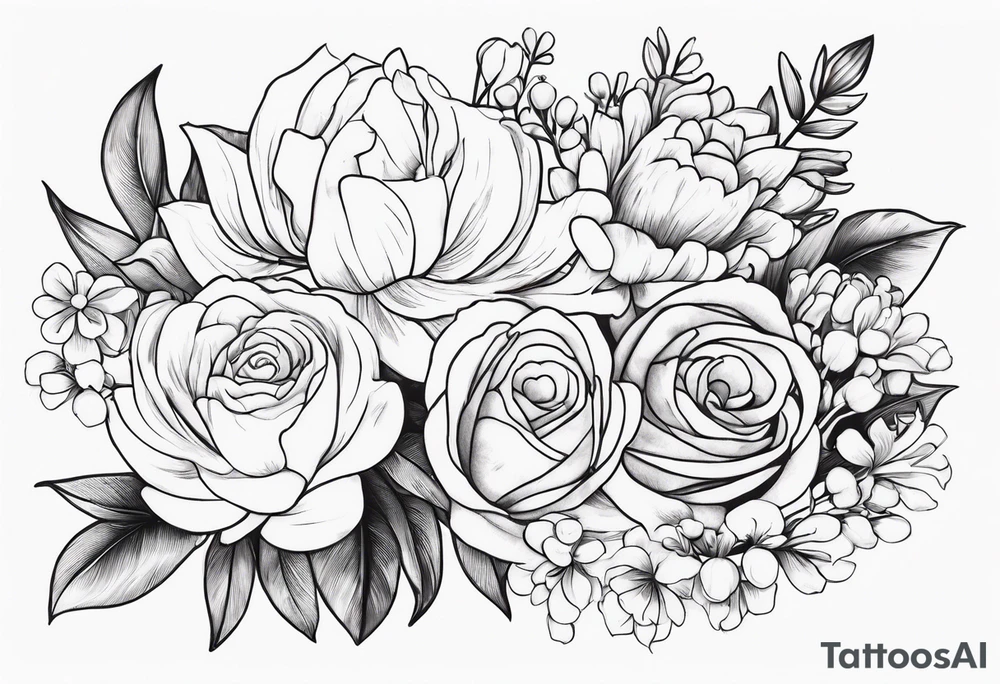 Asters, roses, lily of the valley, and chrysanthemums in a long line tattoo idea