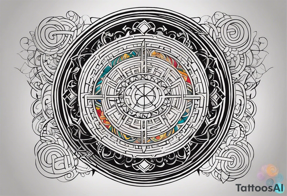 A half-and-half tattoo design, where one half features intricate geometric and mystical symbols inspired by Doctor Strange, with detailed line work or tribal patterns. The other half could integrate another element, such as a philosophical word from Asian languages, adding depth and personal meaning. The design balances mystical symbols with reflective, life-oriented themes tattoo idea