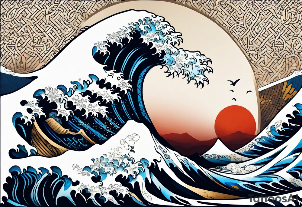 japanese wave mixed in celtic patterns equally. surfer tattoo idea