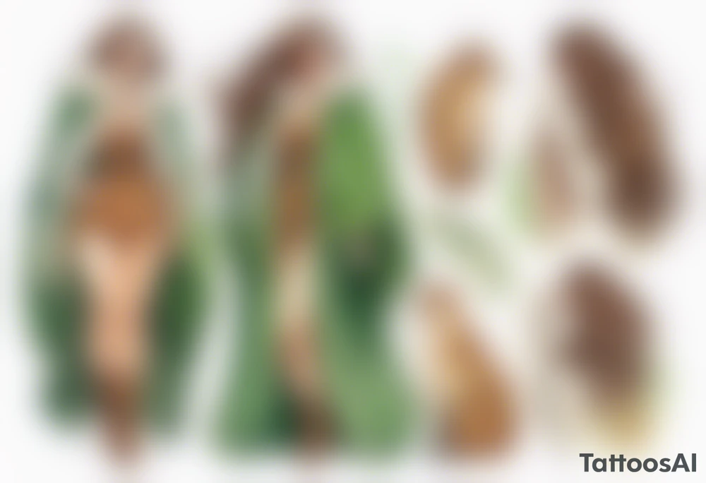 a curvy tan woman with long brown hair  and green eyes wearing a fur cloak laughing tattoo idea