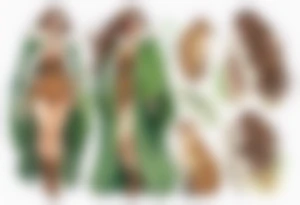 a curvy tan woman with long brown hair  and green eyes wearing a fur cloak laughing tattoo idea