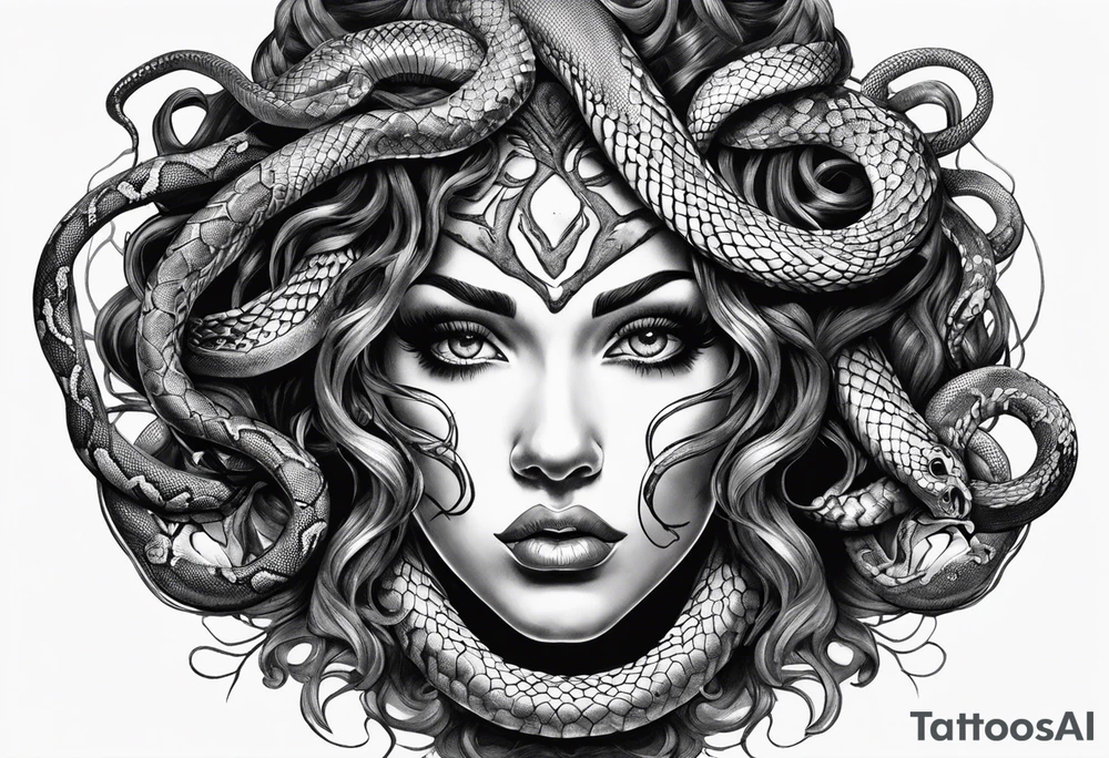 Realistic Medusa with Snake Eyes, hands on her cheek looking scared tattoo idea