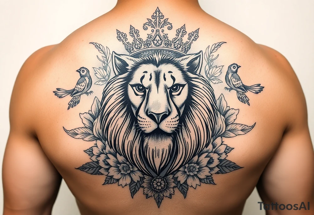 powerful majestic lion with a crown, surrounded by floral ornaments and birds tattoo idea