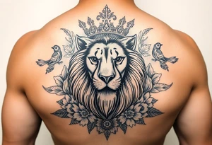 powerful majestic lion with a crown, surrounded by floral ornaments and birds tattoo idea