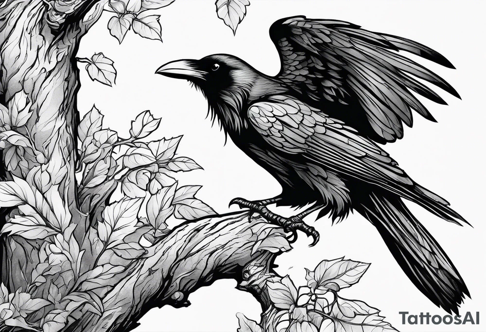 raven perched on branch tattoo idea