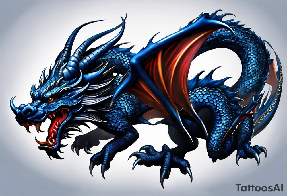 An epic floating asian dragon. Its long body coiling dynamically, with scales and horns detailed to create a sense of movement and strength. The dragon's main color is midnight blue, giving a vibrant depth and a mystical aura. This tattoo highlights the dragon’s fierce expression and sharp claws. tattoo idea
