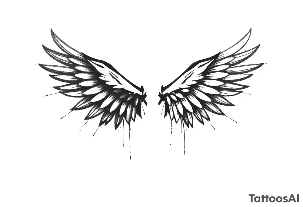 the wings go up

This tattoo design features a pair symmetrical angel wings drawn in black ink with a rough, sketch-like style. The left wing is darker, more defined, and appears denser, while the right wing is lighter, more delicate, and fragmented, creating a contrast between the two. The feathers are sharp and irregular, with fine lines and stray strokes extending outward, adding a raw and artistic feel. The overall look is dynamic and slightly chaotic, giving the impression of movement or an unfinished, ethereal form. This design symbolizes duality, freedom, transformation, or even struggle, making it a meaningful and visually striking tattoo. tattoo idea