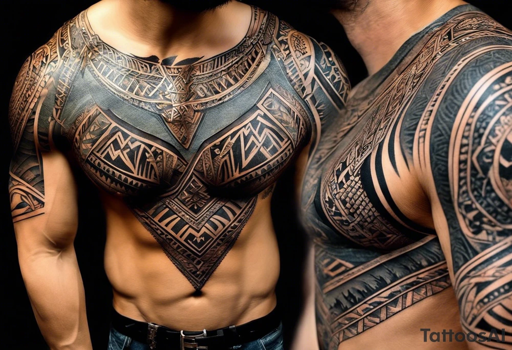 créer un tatouage pour homme dont le design part de l'omoplate et remonte vers l'épaule et passe sur le torse. Dans un style tribal et fantasy, il va prendre comme fond une montagne enneigée. Il y a ensuite un arbre de vie avec à sa base un taureau de terre et un tigre de feu, dans les branches de l'arbre, il y a un lapin d'eau et un serpent de bois qui courent tattoo idea